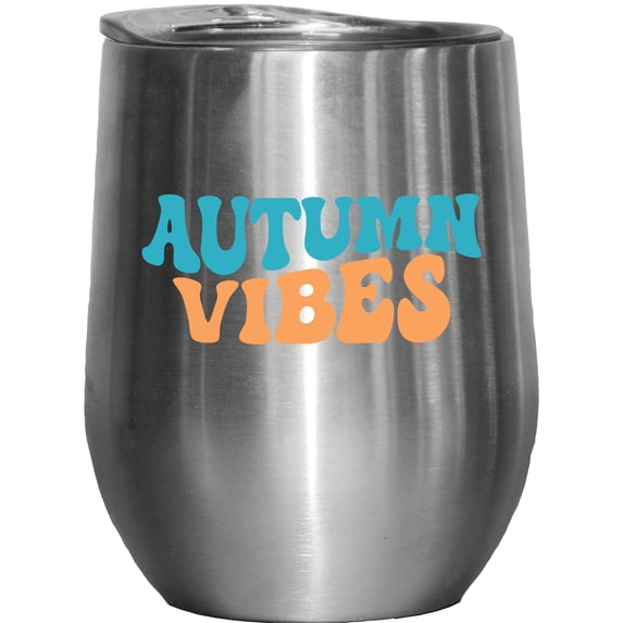 Autumn Vibes, Fall Season Themed, Groovy Retro Wavy Text Merch Gift, Stainless Steel 12oz Wine Tumbler