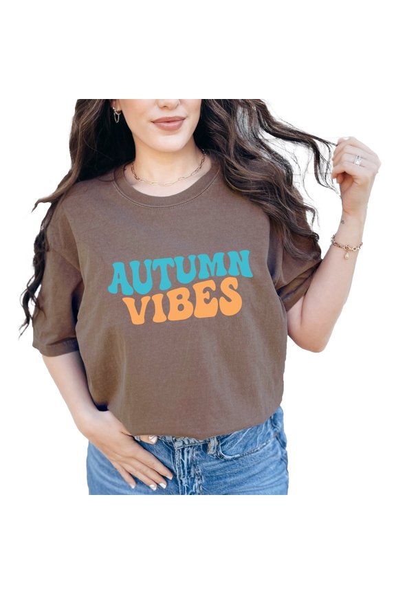 Autumn Vibes, Fall Themed, Groovy Retro Wavy Text, Espresso Comfort Colors T-Shirt, Large