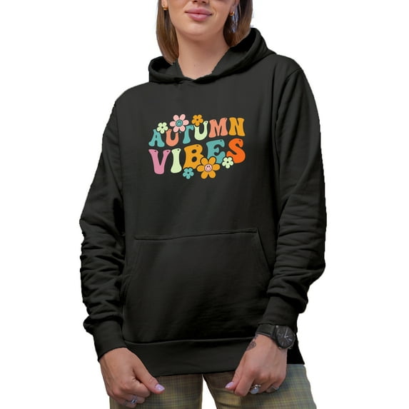 Autumn Vibes, Fall or Cold Weather Themed, Groovy Retro Wavy Text Merch Gift, Black Hooded Sweatshirt or Hoodie, Small