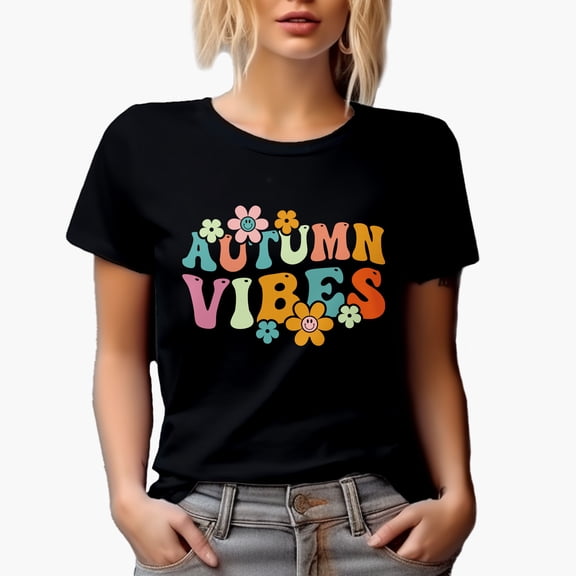 Autumn Vibes, Fall or Cold Weather Themed, Groovy Retro Wavy Text Merch Gift, Black T-Shirt, Small