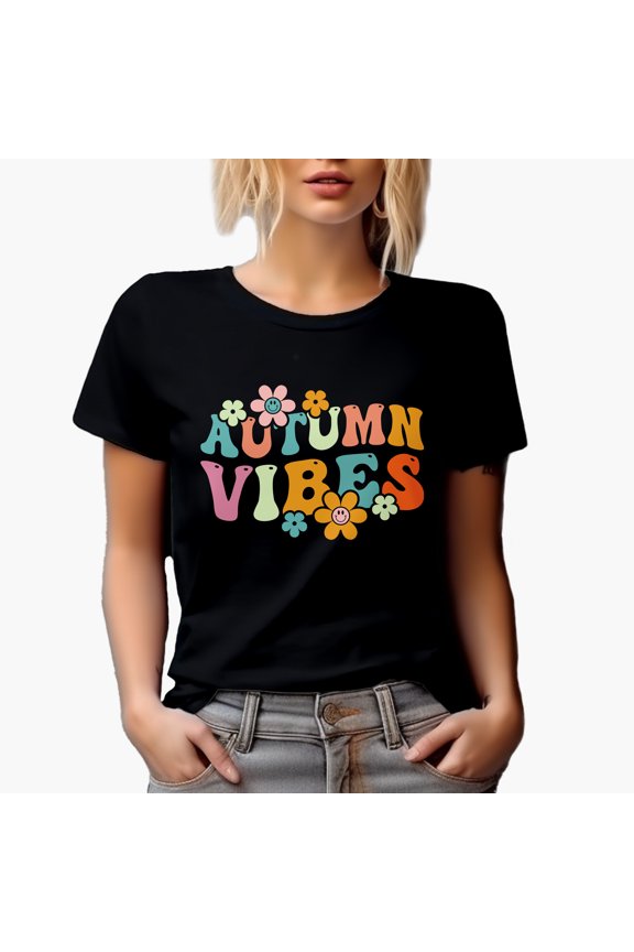 Autumn Vibes, Fall or Cold Weather Themed, Groovy Retro Wavy Text Merch Gift, Black T-Shirt, Small