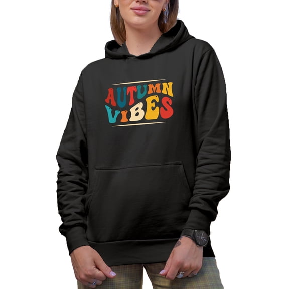 Autumn Vibes, Feelings of Fall Quote, Groovy Retro Wavy Text Merch Gift, Black Hooded Sweatshirt or Hoodie, Small