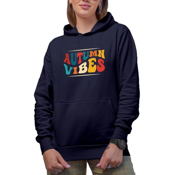 Autumn Vibes, Feelings of Fall Quote, Groovy Retro Wavy Text Merch Gift, Navy Blue Hooded Sweatshirt or Hoodie, Small