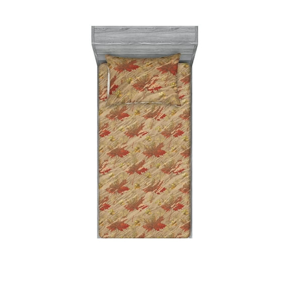 Autumn Vibes Fitted Sheet & Pillow Sham Set, Fall Themed Grunge Design Bicolored Maple Leaves Pattern Print, Decorative Printed 2 Piece Bedding Decor, Twinxl, Dusk Ruby Pistachio Green, by Ambesonne