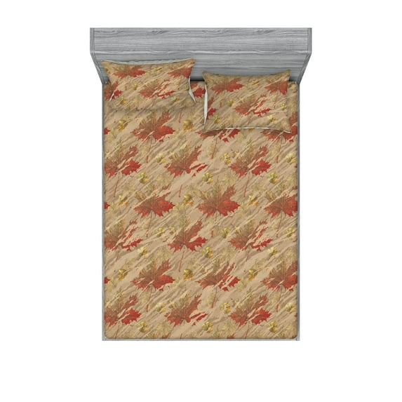 Autumn Vibes Fitted Sheet & Pillow Sham Set, Fall Themed Grunge Design Bicolored Maple Leaves Pattern Print, Decorative Printed 3 Piece Bedding Decor, Calking, Dusk Ruby Pistachio Green, by Ambesonne