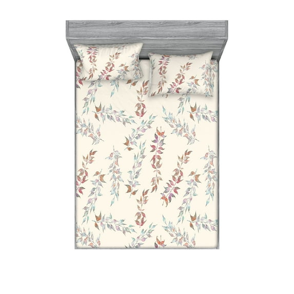 Autumn Vibes Fitted Sheet & Pillow Sham Set, Watercolor Style Illustration of Forest Leaves on Cream Tone Backdrop, Decorative Printed 3 Piece Bedding Decor, King, Eggshell Pale Blue, by Ambesonne