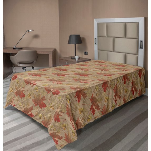 Autumn Vibes Flat Sheet, Fall Themed Grunge Design Bicolored Maple Leaves Pattern Print, Soft Comfortable Top Sheet Decorative Bedding 1 Piece, TwinXL Size, Dusk Ruby Pistachio Green, by Ambesonne