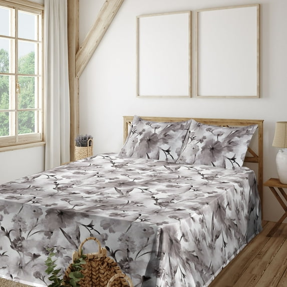 Ambesonne Autumn Vibes Fitted & Flat Sheet with Sham 3 Pcs Set, Buds and Flowers Print, Twin, Off White Purpleblue