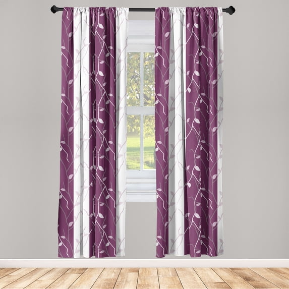 Autumn Vibes Window Curtains, Modern Leaves with Branches Pattern on Striped Background Print, Lightweight Decor 2-Panel Set with Rod Pocket, Pair of - 28"x84", Mauve Off White Purple, by Ambesonne