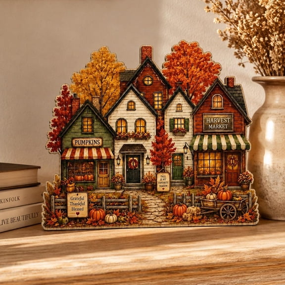 Autumn Village 2D FLAT Wooden Block, Fall House Shelf Decor, Thanksgiving Farmhouse Gift