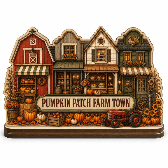 Autumn Village 2D Wooden Block Pumpkin Patch Farm Town Wood Tabletop Display for Fall Decor