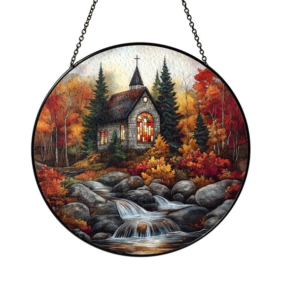 Autumn Village Church Stained Glass Suncatcher Window Hanging, Serene Religious Landscape Art