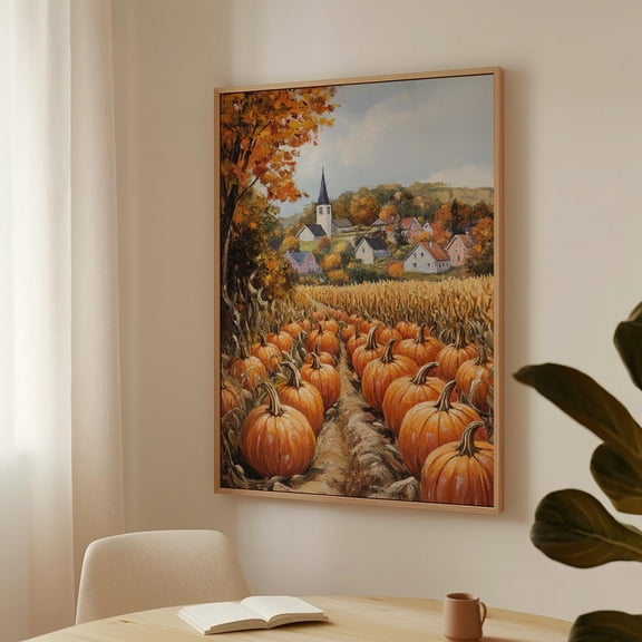 Autumn Village Pumpkin Patch Art - Vibrant Fall Harvest Scene, Rustic Farmhouse Wall Decor For Seasonal Home Style Wall Art, Modern Wall Decor, 8x12 UNFRAMED