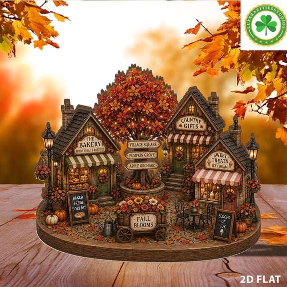 Autumn Village Scene Wooden Block, Bakery, Gifts, Pumpkin Grove, Fall Centerpiece