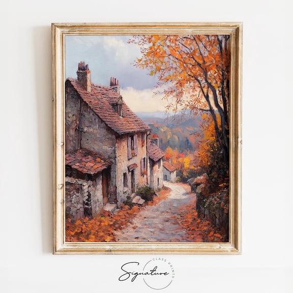 Autumn Village Street, Vintage Stone Houses In Fall, Rustic Country Lane Art, Warm Autumn, Cozy Village Scene, UNFRAMED Poster, Wall Art for Decor, Present, 8x12
