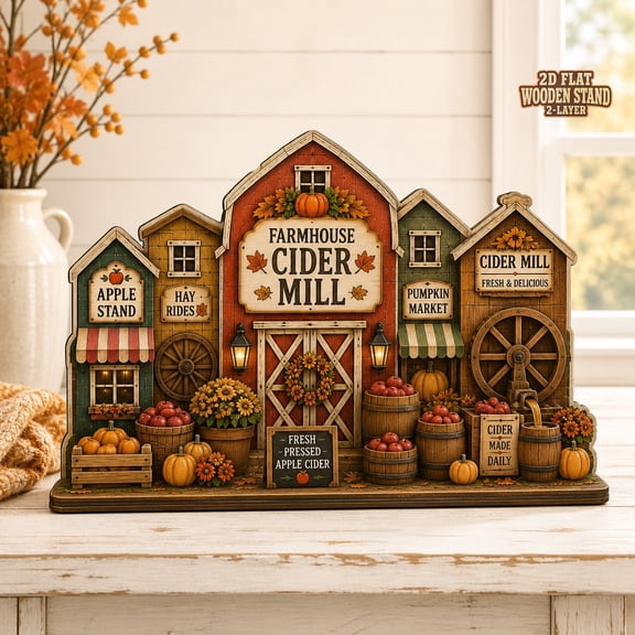 Autumn Village Wooden Block Farmhouse Cider Mill Decor