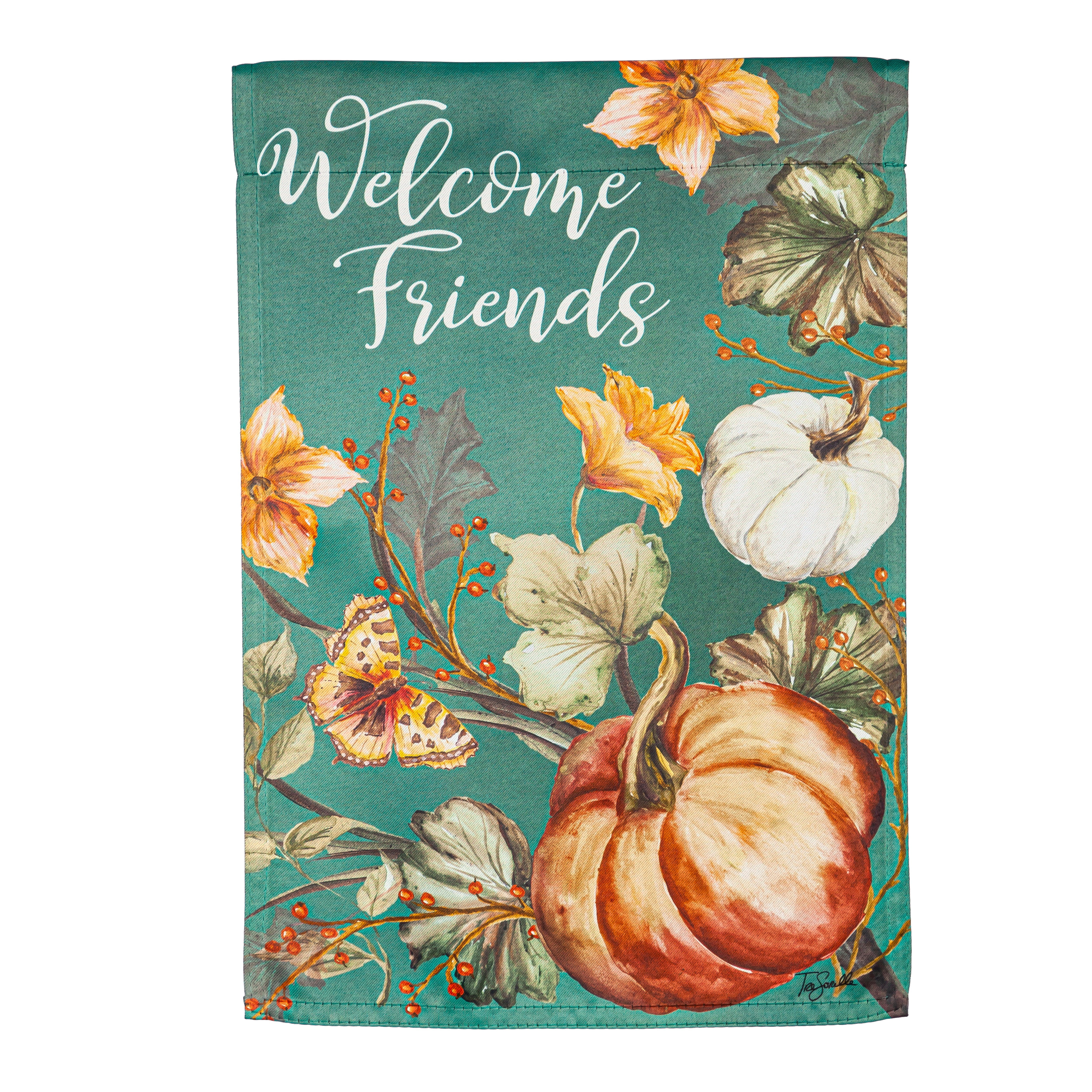 Autumn Vines Blue Suede Garden Flag with Pumpkins