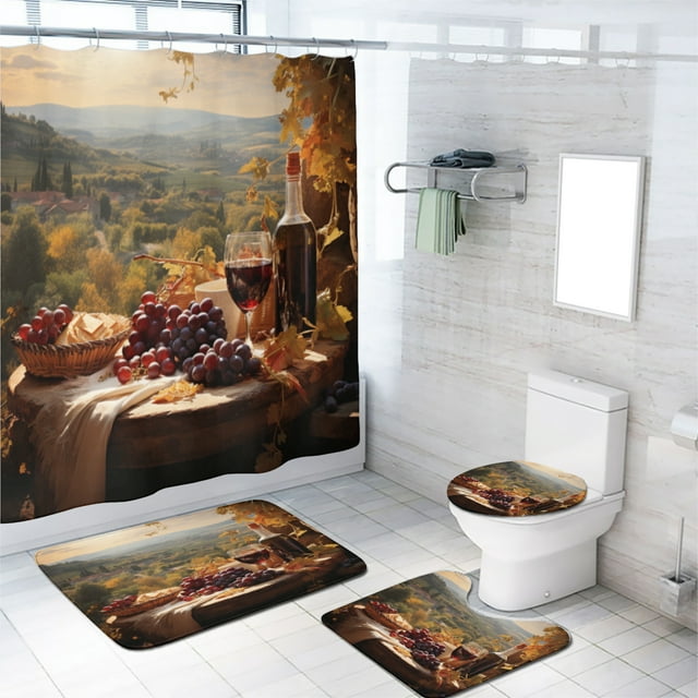 Autumn Vineyard Shower Curtain Set Wine Bottle Glass Grapes Nature Fall