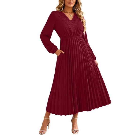 Autumn Vintage Party Dresses For Women Solid Color Long Sleeved Dress Casual Loose Bohemian Dresses Lace Patchwork High Waisted Pleated Dress Vestidos