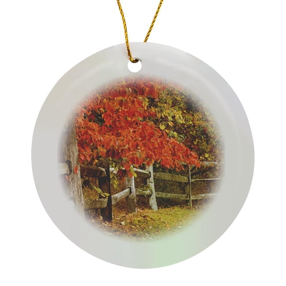 3drose, Autumn Walk Along Wooden Fence, Circle Porcelain Ornament