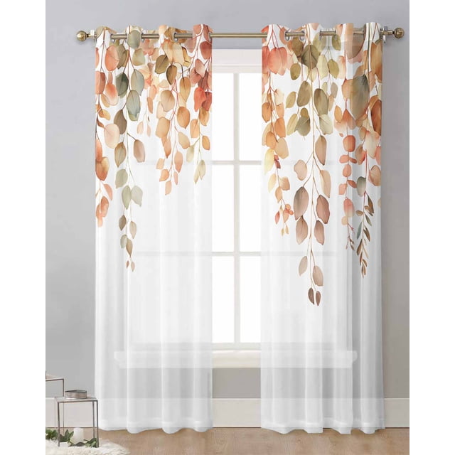 Autumn Watercolor Leaves Retro Bedroom Voile Curtain Window Treatment