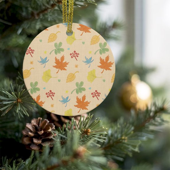 Autumn Watercolor Maple Leaves Christmas Ceramic Ornament 2026,3" Round Xmas Tree Hanging Accessories with Gold Ribbon,Retro Background Pendant Ornaments for Holiday Gift Home Party Decor