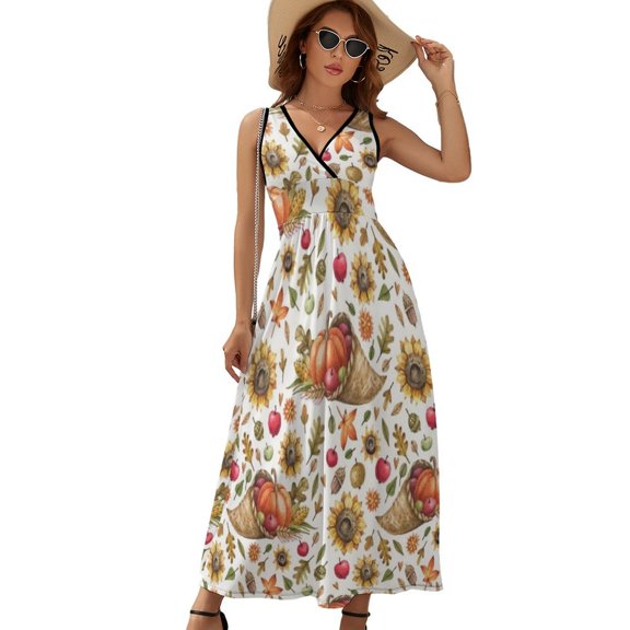 Autumn Watercolor Pattern with Ripe Pumpkins And Sunflower Flowers Dress Summer Street Style Bohemia Long Dresses Female Sleeveless Printed Maxi Dress