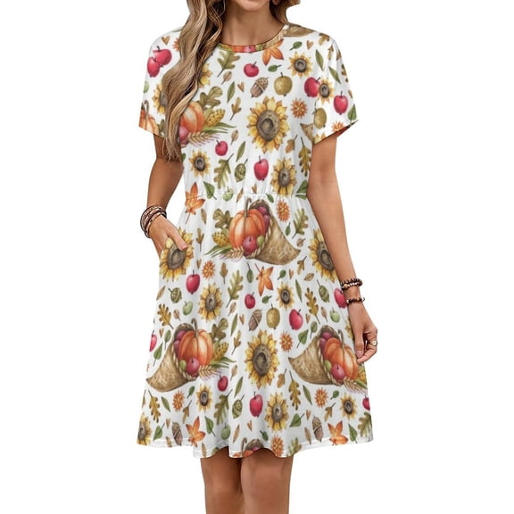 Autumn Watercolor Pattern with Ripe Pumpkins And Sunflower Flowers Short Sleeve Dress Women Summer Evening Dresses Ladies Sundress