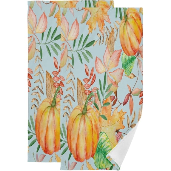 Autumn Watercolor Pumpkins Hand Towels 2 PCS, Fall Colorful Leaves Kitchen Towel Ultra Soft and Highly Absorbent,Decorative Fingertip Face Towel for Bathroom Hotel, 28.3"x14.4"