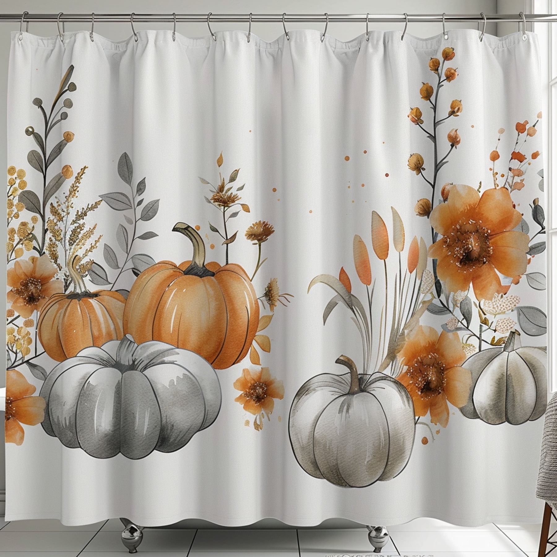 Autumn Watercolor Pumpkins and Flowers Shower Curtain Grey and Orange