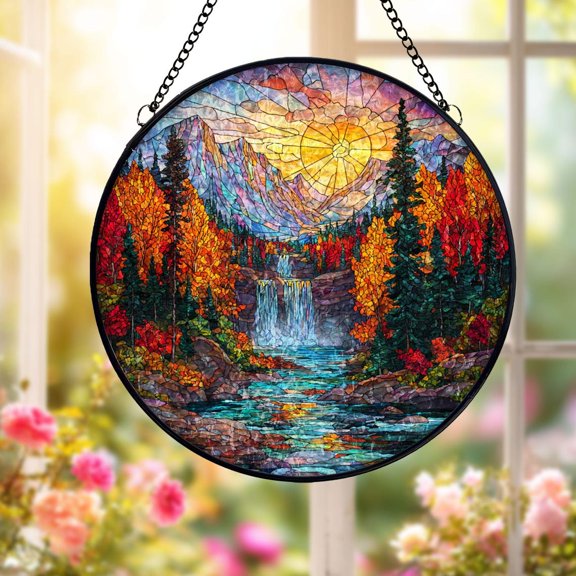 Autumn Waterfall Glass Suncatcher v3, Mountain Landscape Window Art, Scenic Nature Decor, 3.5 in