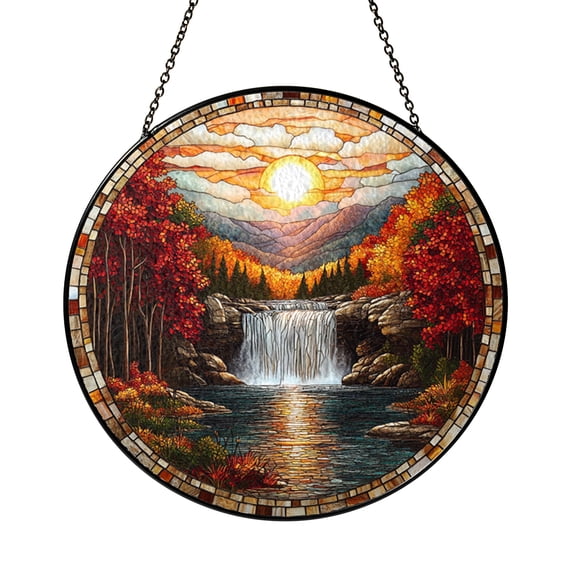 Autumn Waterfall Landscape Stained Glass Style Suncatcher, Decorative Fall Window Hanging Art Panel