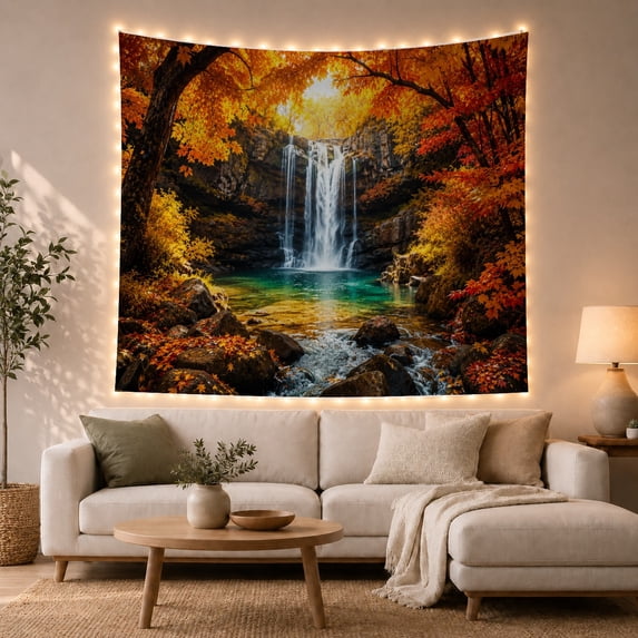 Autumn Waterfall Pool Framed by Red Maple Leaves, Serene Rustic Style for Nature Lovers, Woodland Wall Art, Housewarming Gift, Tapestry Wall Hanging for Bedroom and Living Room
