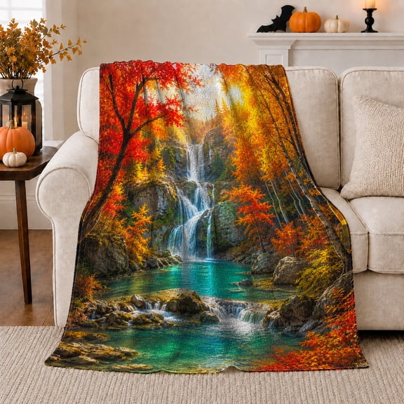 Autumn Waterfall Pool with Red Leaves and Sunlit Trees, Serene Woodland Stream Scene for Nature Lovers, Housewarming Gift, Cozy Flannel Blanket for Cabin and Lodge, Rustic Home Decor