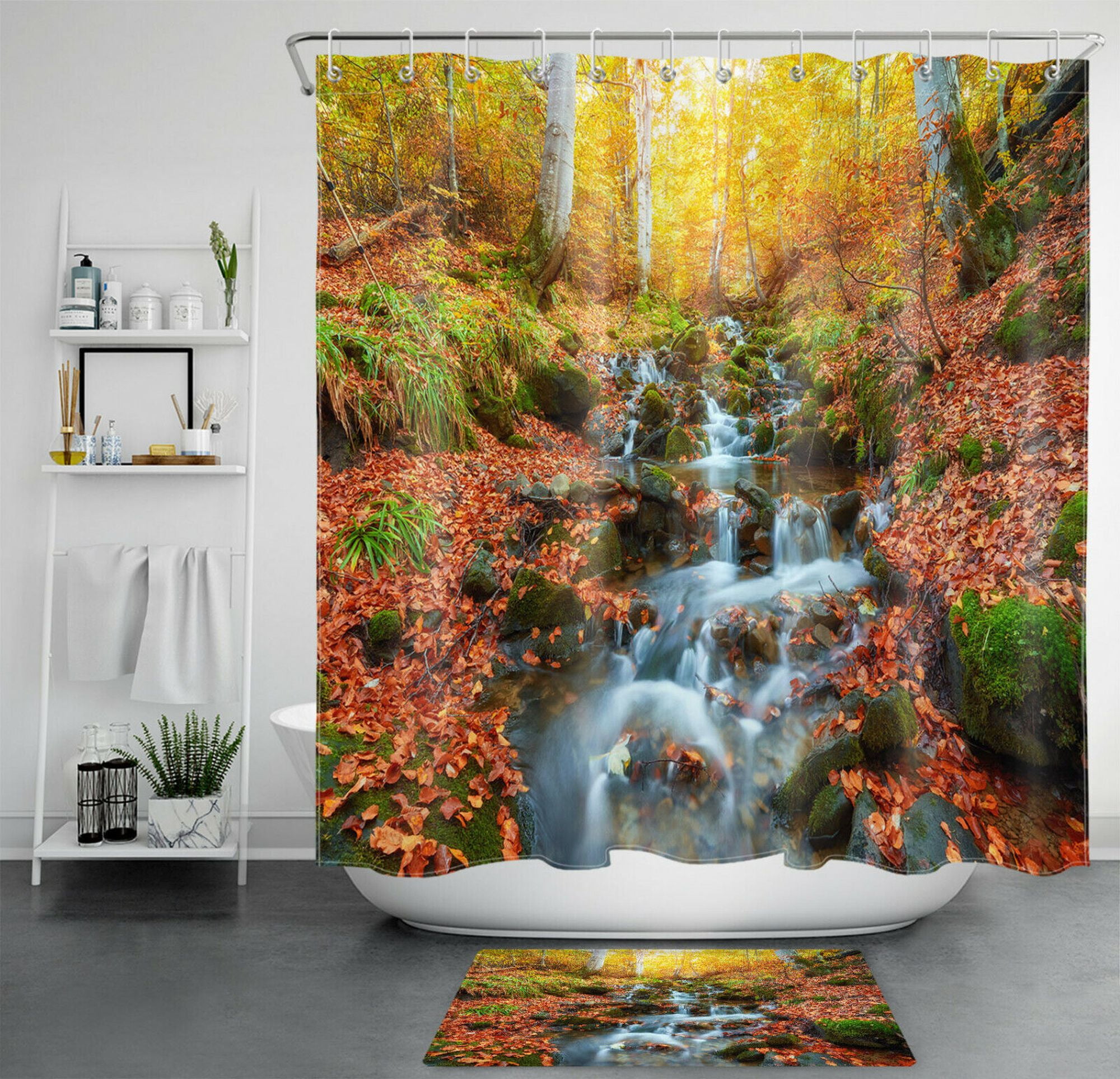 Autumn Waterfall Shower Curtain Set Forest Cascade Bathroom Decor with