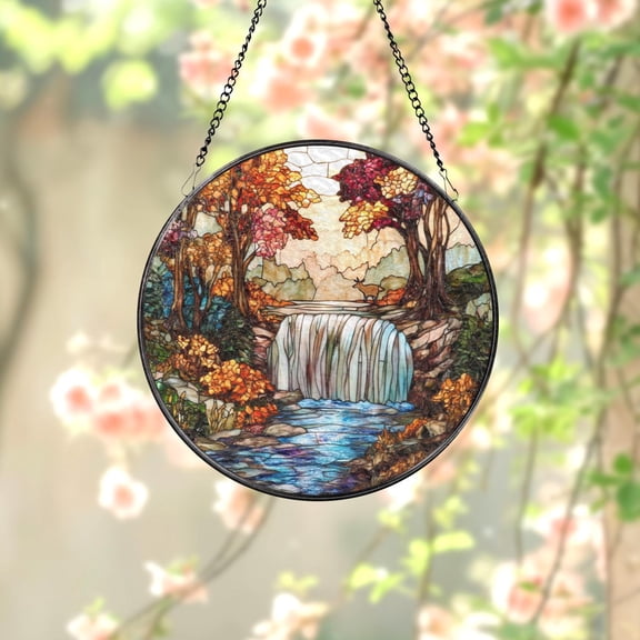 Autumn Waterfall Stained Glass Suncatcher, Scenic Fall Window Hanging, Colorful Nature Panel, Peaceful Forest Glass Art for Home Decor