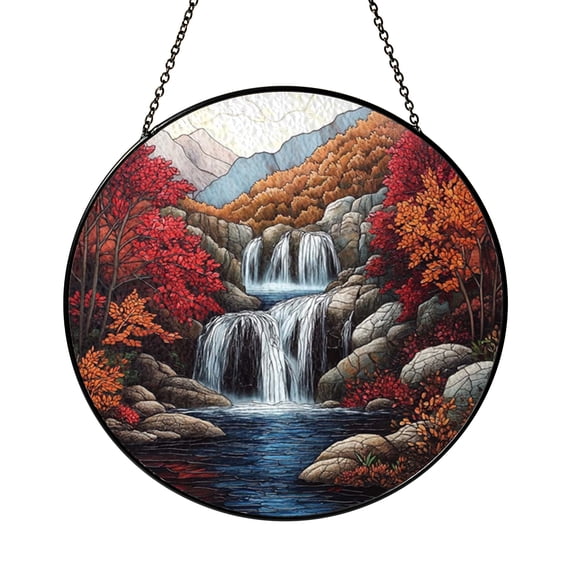 Autumn Waterfall Stained Glass Suncatcher, Scenic Forest Stream Window Hanging, Nature Inspired Home Decor, Outdoor Lover Housewarming Gift