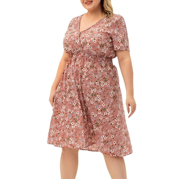 Autumn Wedding Guest Dress Ladies Plus Size V Neck Comfortable Casual Short Sleeve Printed Dress Fall Dresses Women Pink XXXXL