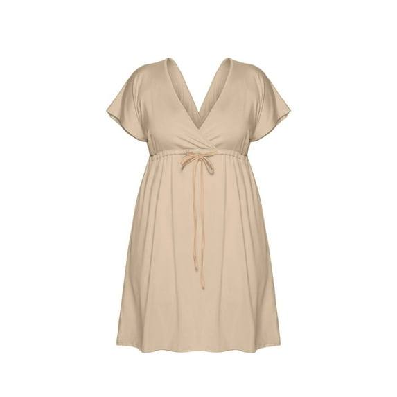 Autumn Wedding Guest Dress Women Solid Casual Dress Short Sleeve V Neck High Waist Mini Belt Dress Women's Dresses Casual A L