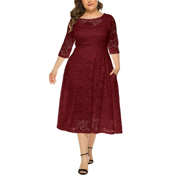 Autumn Wedding Guest Dress Womens Floral Lace Plus Size Midi Dress Neckline Party Dresses Fall Dresses Wedding Guest XL