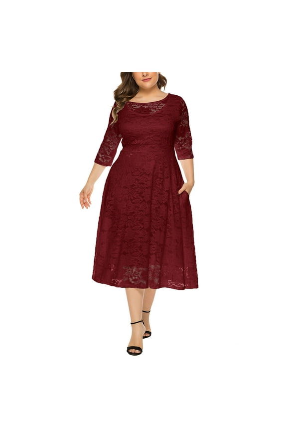 Autumn Wedding Guest Dress Womens Floral Lace Plus Size Midi Dress Neckline Party Dresses Fall Dresses Women XXXXXL