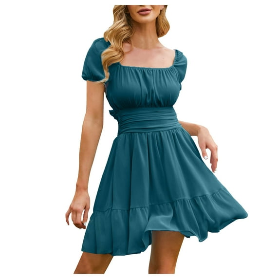 Autumn Wedding Guest Dress Womens Tie Back Square Neck Short Puff Sleeve Casual A Line Mini Dress Woman Dresses Elegant Casual Green S