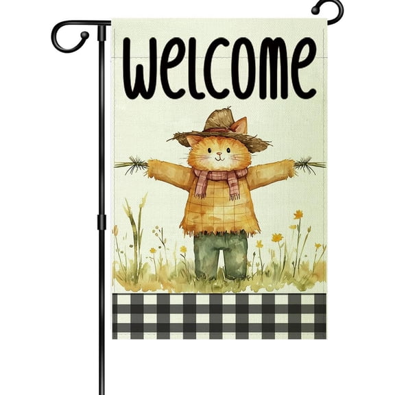 Autumn Welcome Garden Flag 12x18 Inch Double Sided Outside, Straw Cat with Welcome Banner Porch Yard Patio Outdoor Decoration