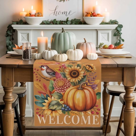 Autumn Welcome Table Runner, Autumn Thanksgiving Kitchen Dining Table Decoration for Home Party Decor 13x48 Inches