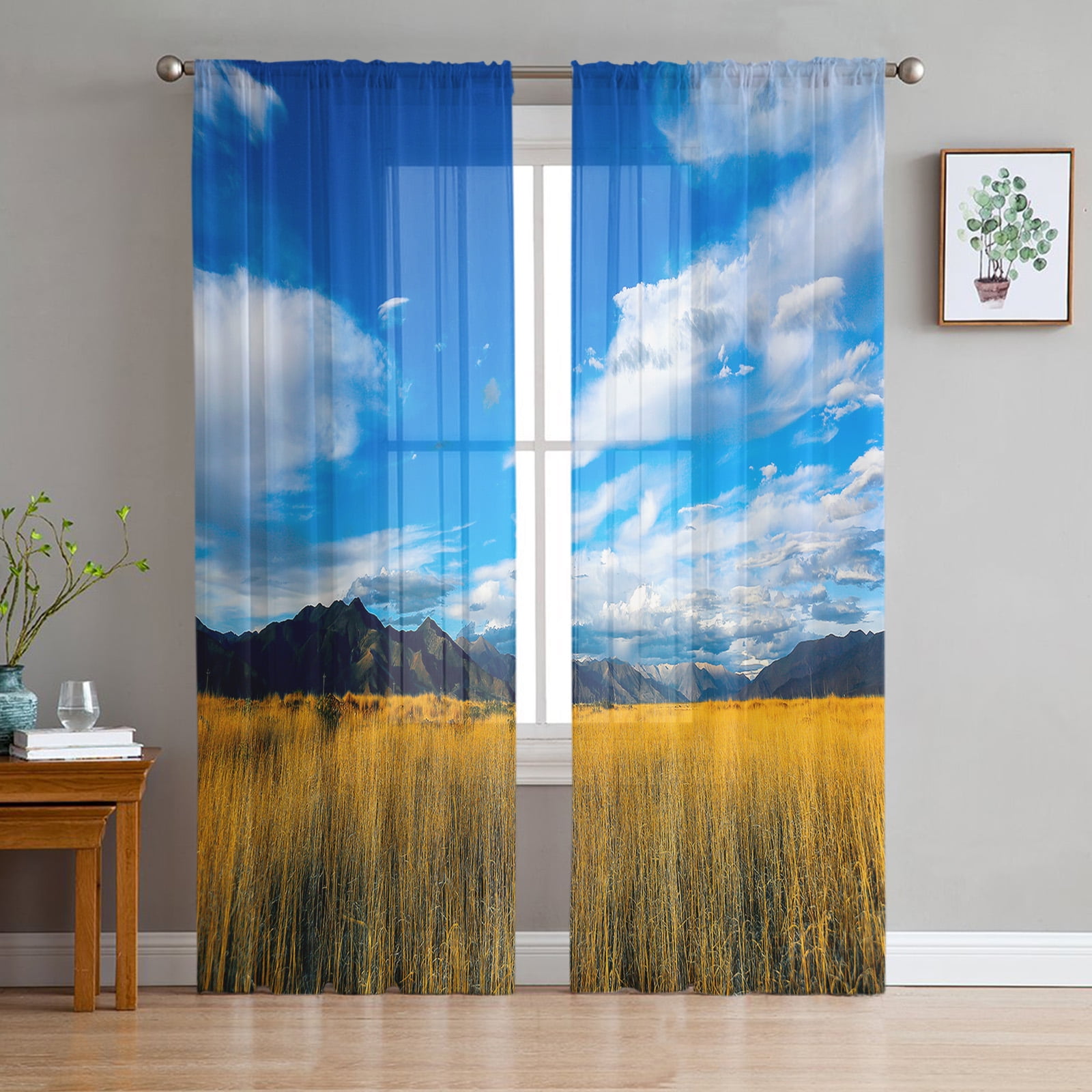 Autumn Wheat Field Blue Sky Tulle Sheer Curtains for Living Room
