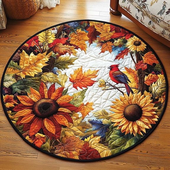 Autumn Whimsy Quilted Round Mat, Autumn Leaves Round Floor Mat, Seasonal Nature Home Decor Rug, Quilted Area Carpet for Bedroom Living Room