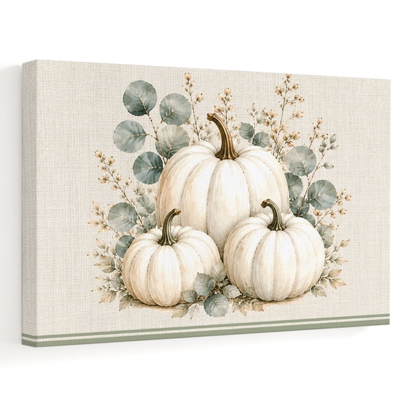 Autumn White Pumpkin Canvas Wall Art 10" x 8" Harvest Botanical Retro Linen Green Stripe Frame Picture Prints, Ready to Hang Waterproof Artwork Decor for Bathroom, Kitchen Small Wall Spaces