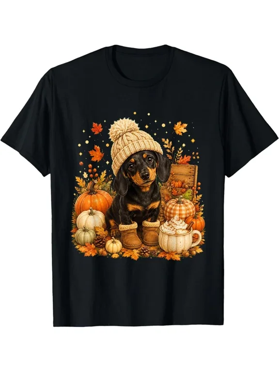 Autumn Wiener Dog Dachshund Thanksgiving Fall Cute Holiday T-Shirt, Size S-5XL