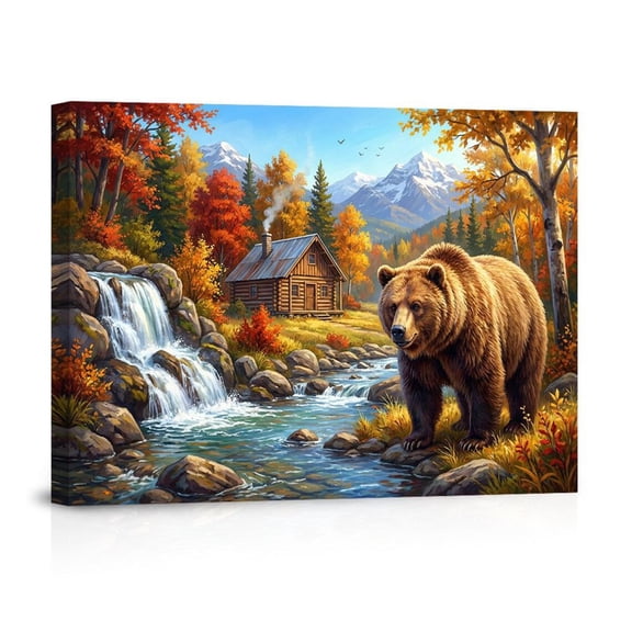 Autumn Wilderness Grizzly Bear By Stream Rustic Cabin Modern For Living Room Canvas