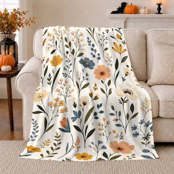 Autumn Wildflower Botanical, Rustic Botanical Portrait, Warm Flannel Blanket for Ranch House and Living Room, Animal Lovers Thanksgiving Gift, Rustic Home Decor